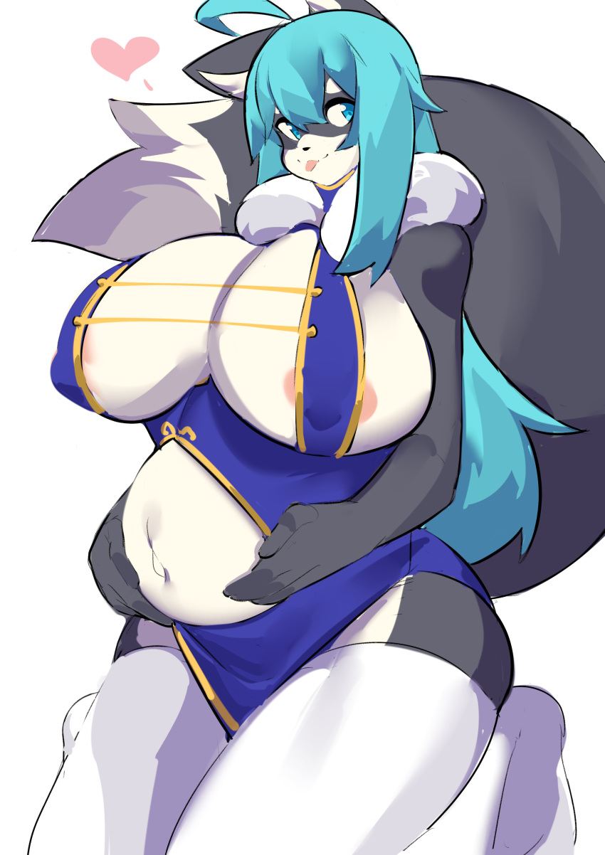 &lt;3 absurd_res anthro areola areola_slip aspirindabaitu big_breasts blue_eyes blue_hair breasts canid canine canis clothing domestic_dog female fluffy fluffy_tail hair hands_on_belly hanul hi_res kneeling legwear mammal pregnant solo thick_thighs thigh_highs tongue tongue_out wide_hips