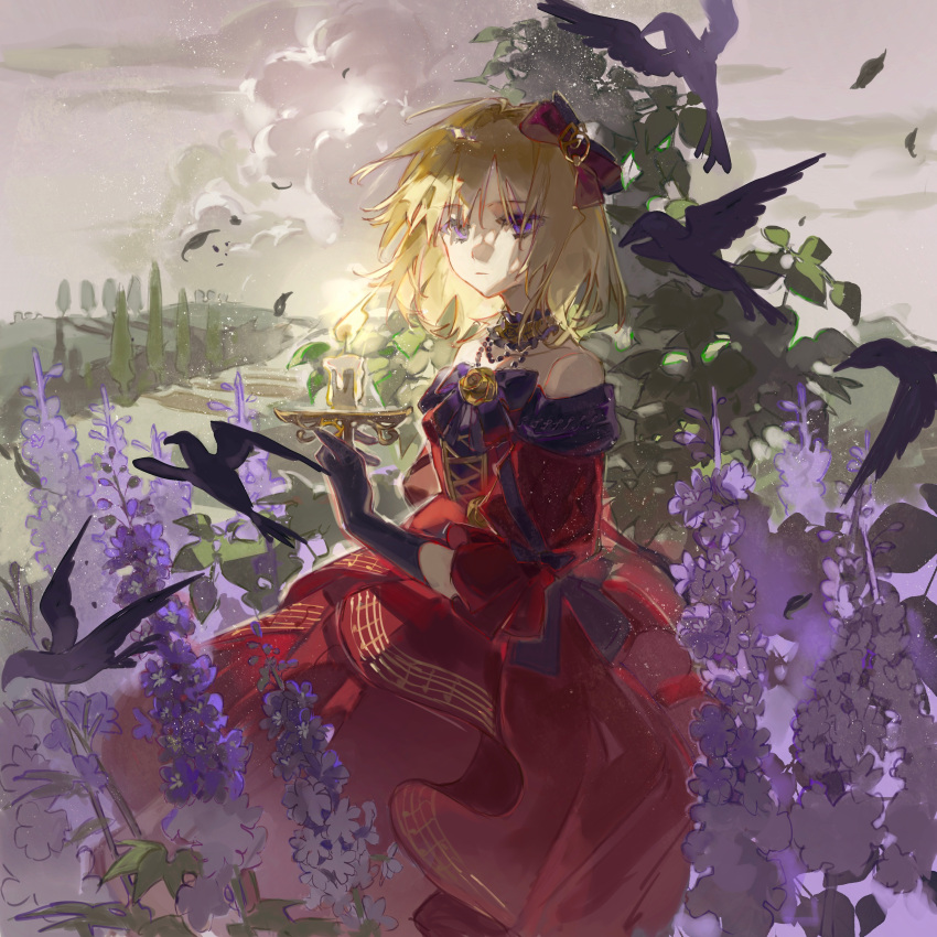 1girl absurdres alternate_costume artist_request bang_dream! bang_dream!_it's_mygo!!!!! bare_shoulders bird black_gloves blonde_hair bow candle chinese_commentary choker cloud commentary_request commission dress feet_out_of_frame floating_clothes flower frilled_choker frills gloves hair_bow highres holding holding_candle looking_at_viewer medium_hair misumi_uika musical_staff musical_staff_print outdoors plant print_dress purple_eyes purple_flower red_bow red_dress rose second-party_source sky solo standing yellow_flower yellow_rose