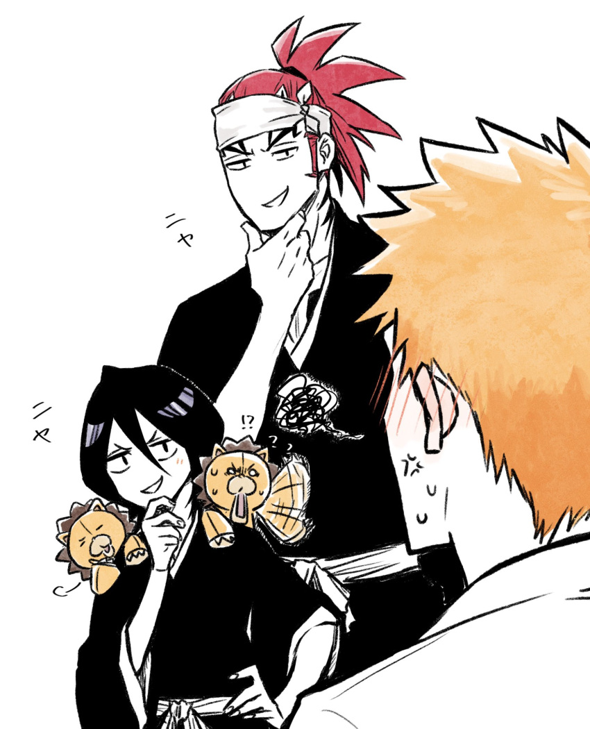 1girl 2boys anger_vein black_hair bleach blush bow choko_egg dual_persona grin hand_on_own_face headband high_ponytail highres japanese_clothes kon kuchiki_rukia kurosaki_ichigo long_sleeves looking_at_another multiple_boys orange_hair red_hair short_hair smile stuffed_animal stuffed_lion stuffed_toy sweatdrop time_paradox white_background wide_sleeves