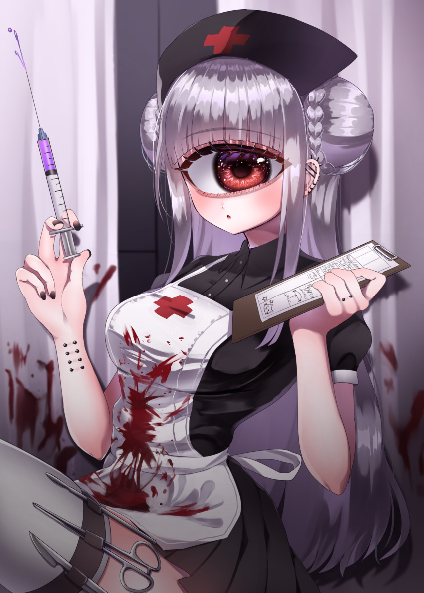 1girl apron arm_piercing bangs blood blood_on_clothes blunt_bangs blush braid braided_bun clipboard collared_shirt cyclops double_bun dress ear_piercing earrings eyebrows_visible_through_hair finger_piercing grey_hair hat highres holding holding_clipboard holding_syringe holster jewelry knee_up long_hair looking_to_the_side mntimccz monster_girl multiple_earrings nurse nurse_cap one-eyed original parted_lips piercing pleated_dress red_eyes scalpel scissors shirt short_dress short_sleeves skindentation solo syringe thigh_holster thighhighs very_long_hair