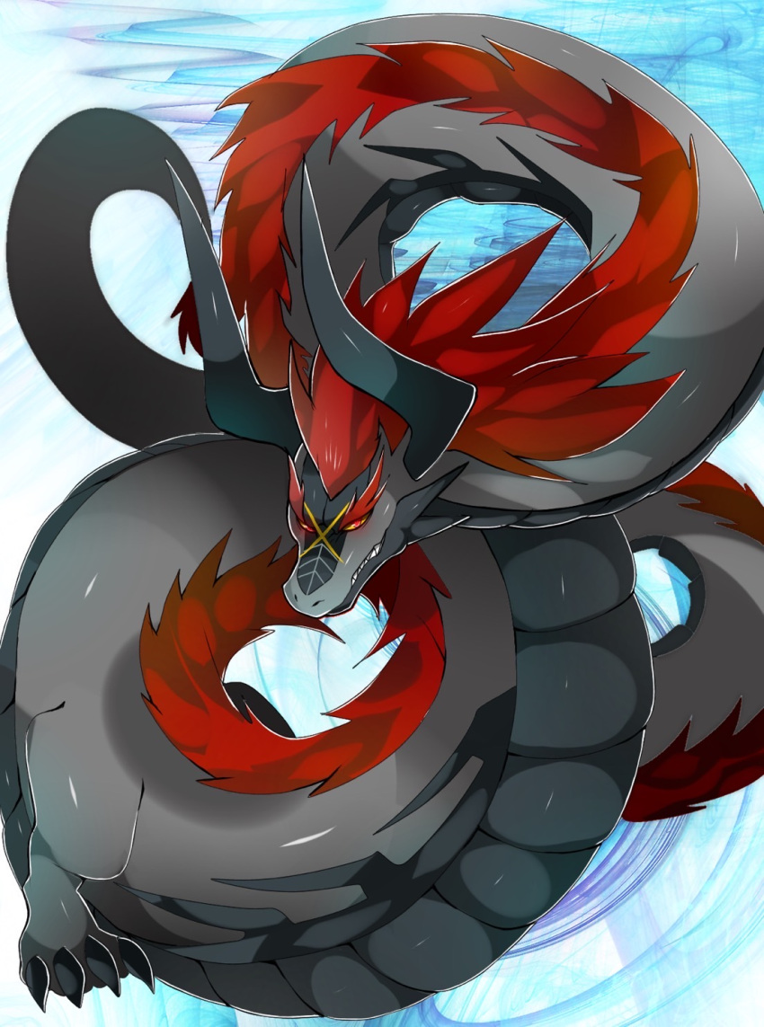 2022 alternate_form asian_mythology belly_scales black_body black_claws black_horn black_scales claws demon_lord_dragon_batzz dragon dragonryuusuki east_asian_mythology eastern_dragon eyebrows feral fur future_card_buddyfight grey_body hi_res horn long_horn looking_at_viewer multicolored_body mythology olo red_body red_eyebrows red_fur scales scalie solo teeth