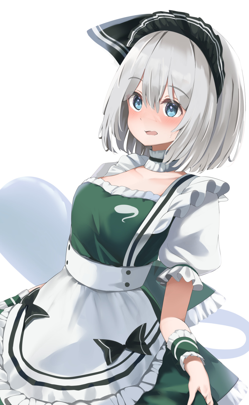 1girl 258n absurdres apron black_headwear blue_eyes blush bob_cut dress frilled_apron frills green_dress highres konpaku_youmu konpaku_youmu_(ghost) maid_headdress puffy_short_sleeves puffy_sleeves short_hair short_sleeves simple_background smile solo touhou white_background white_hair white_sleeves wrist_cuffs