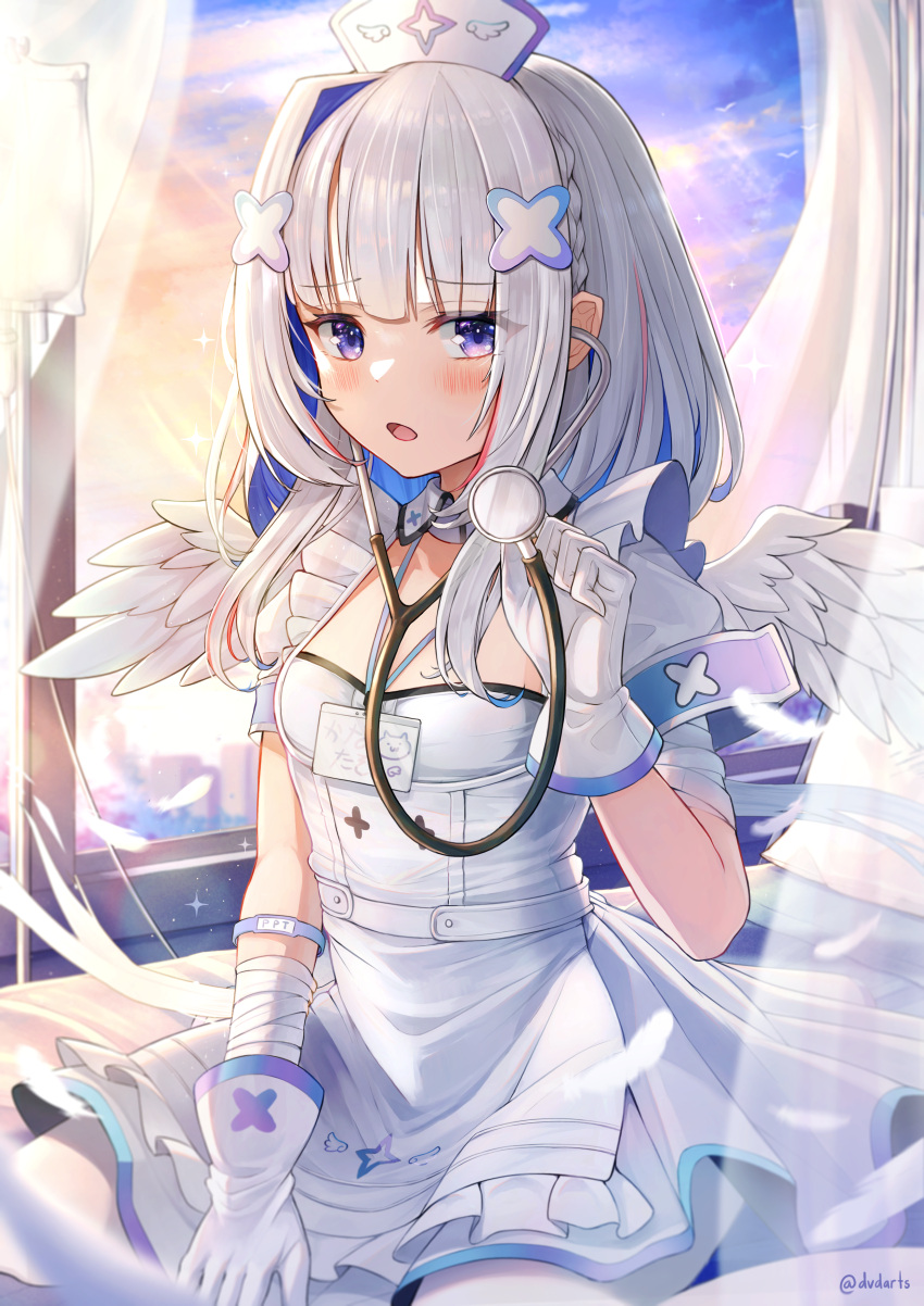 1girl absurdres amane_kanata angel_wings apron armband bandaged_arm bandages bangs blue_hair blush braid colored_inner_hair curtains day detached_collar dress dvdarts eyebrows_visible_through_hair feathers frilled_apron frills gloves hair_ornament hat highres holding_stethoscope hololive iv_stand looking_at_viewer medium_hair multicolored_hair nurse_cap on_bed open_mouth pantyhose pink_hair puffy_short_sleeves puffy_sleeves purple_eyes short_sleeves sitting sitting_on_bed solo twitter_username virtual_youtuber white_apron white_dress white_gloves white_hair white_legwear wings x_hair_ornament