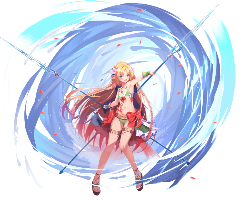 1girl awakening_(sennen_sensou_aigis) bangs bikini blonde_hair blue_eyes braid flat_chest flower green_bikini gyuunyuu_bin hair_flower hair_ornament highres holding holding_weapon jewelry long_hair long_pointy_ears looking_at_viewer navel necklace official_art open_mouth pendant pointy_ears quill_(sennen_sensou_aigis) sennen_sensou_aigis simple_background solo swimsuit thighlet toeless_footwear transparent_background very_long_hair weapon