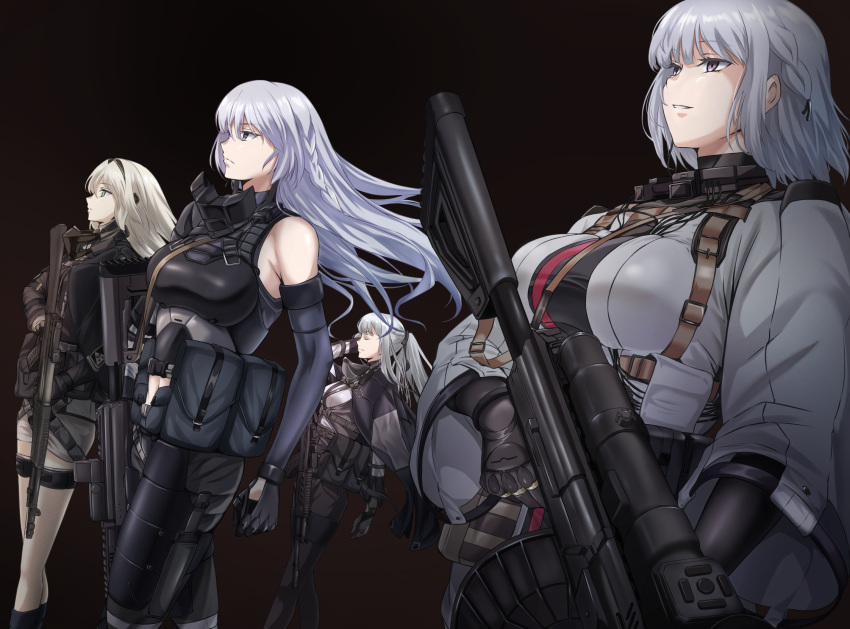 4girls ak-12 ak-12_(girls'_frontline) ak-15 ak-15_(girls'_frontline) ammunition_belt an-94 an-94_(girls'_frontline) aqua_eyes assault_rifle bangs black_background black_cape black_gloves black_pants blonde_hair bodysuit braid breasts cape closed_eyes closed_mouth commentary defy_(girls'_frontline) eyebrows_visible_through_hair feet_out_of_frame girls'_frontline gloves grey_hair gun hair_ornament hairclip hand_in_own_hair highres holding holding_gun holding_weapon jacket kalashnikov_rifle large_breasts long_hair looking_away machine_gun mask mask_around_neck medium_breasts megane_jigoku multiple_girls navel pants purple_eyes rifle rpk-16 rpk-16_(girls'_frontline) short_hair shorts standing tactical_clothes weapon white_jacket white_shorts