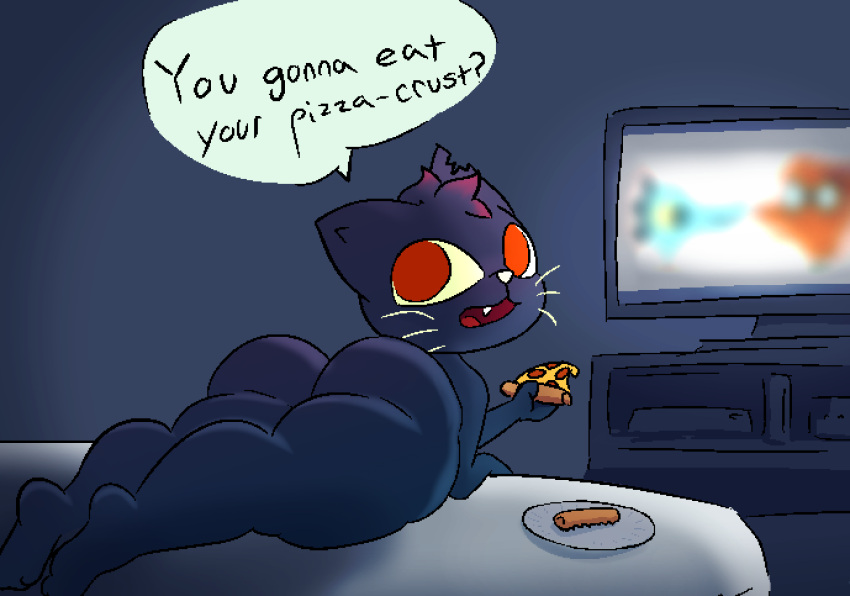 anthro big_butt butt dark_body dialogue fangs felid female food grey_background highlights_(coloring) looking_at_viewer looking_back mae_borowski mammal night_in_the_woods open_mouth pizza rear_view simple_background solo television video_games websheck whiskers wide_hips