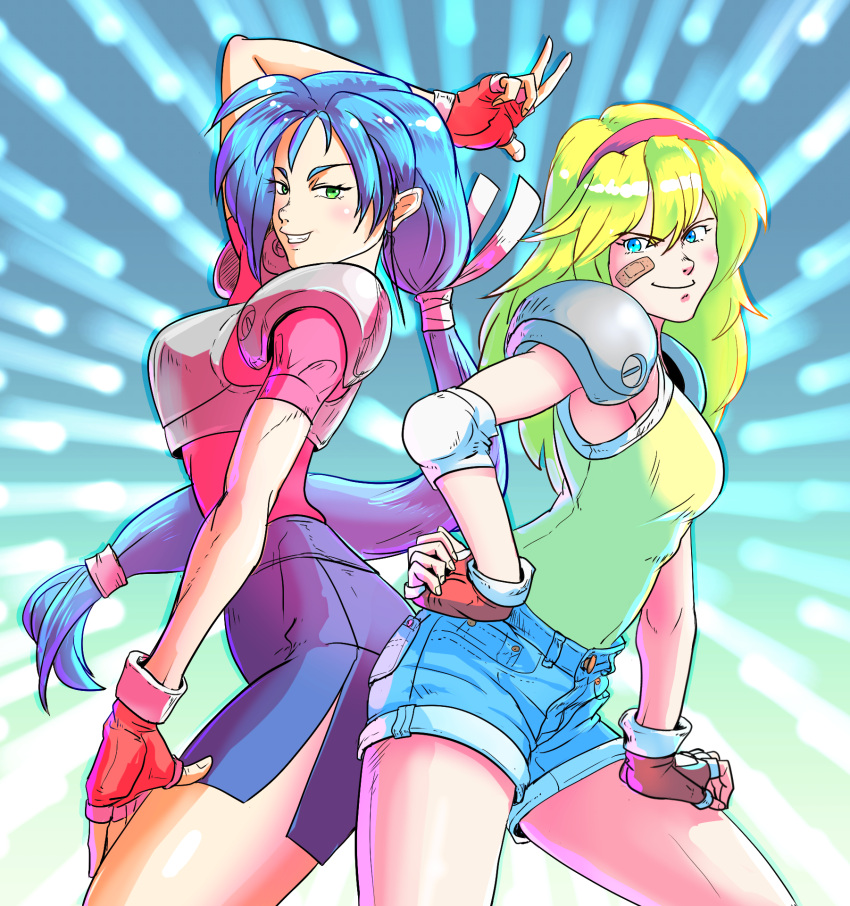 2girls armor back-to-back bandaid battle_mania bb9_megadrive blonde_hair blue_eyes blue_hair body_armor breastplate elbow_pads energy_beam english_commentary fingerless_gloves game_console gloves green_eyes grin hairband haneda_maria highres looking_at_viewer multiple_girls naughty_face ootorii_mania pencil_skirt ponytail science_fiction sega_mega_drive short_shorts shorts shoulder_armor skirt smile tank_top trouble_shooter vest