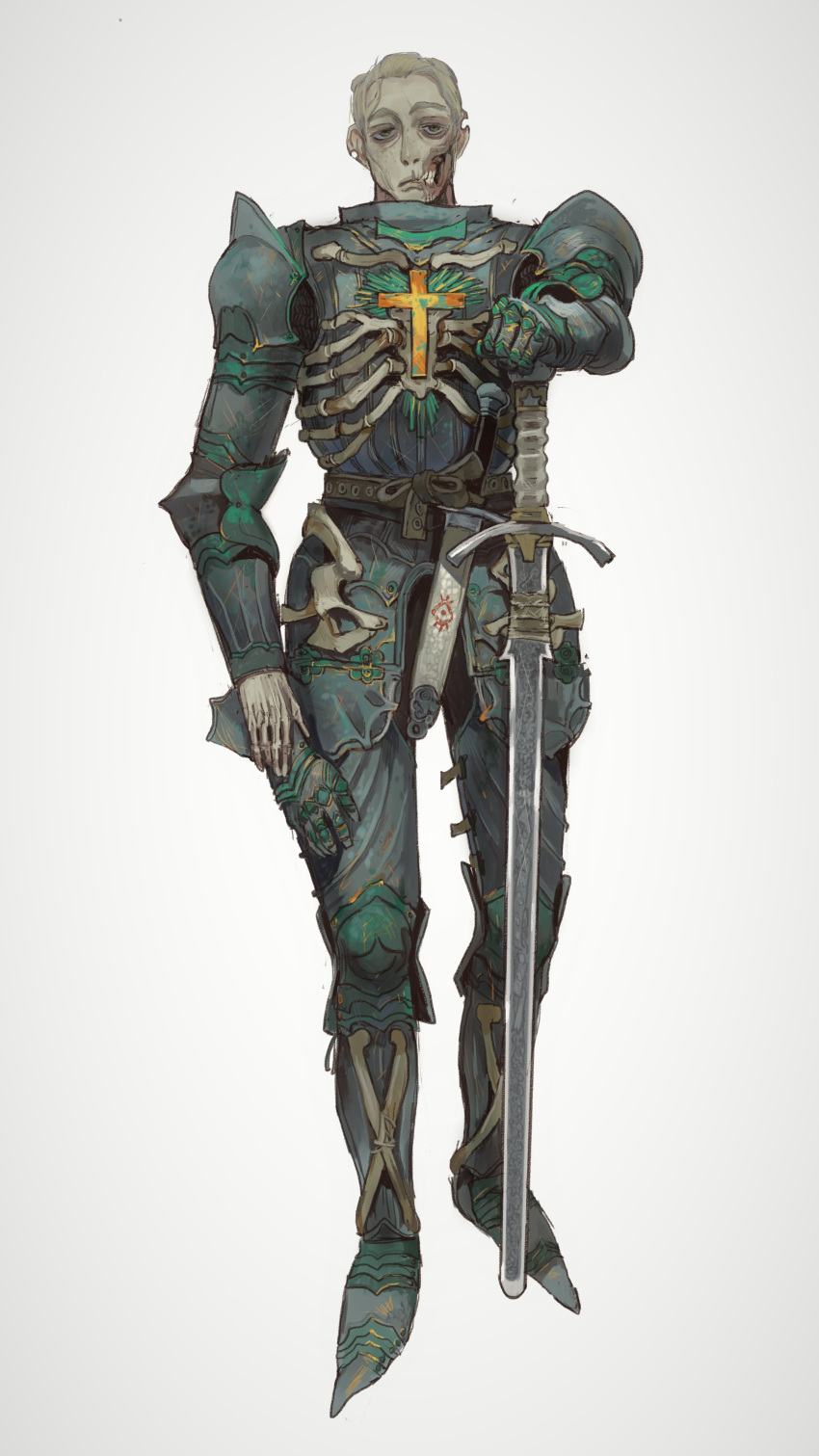 1boy absurdres armor blonde_hair boots breastplate closed_mouth cross dark_knight gauntlets glasgow_smile greaves green_eyes highres holding holding_sword holding_weapon knight latin_cross looking_at_viewer male_focus metal_boots mossacannibalis notched_ear original pauldrons short_hair shoulder_armor simple_background solo standing sword weapon white_background