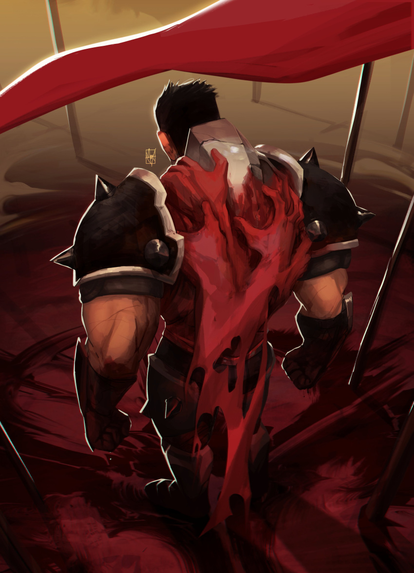 1boy absurdres armor arms_behind_back back black_hair blood blood_on_clothes blood_on_hands broad_shoulders darius flag gauntlets highres league_of_legends leg_armor male_focus manly mawvax muscular muscular_male pole scar scar_on_arm short_hair shoulder_pads signature solo sunset