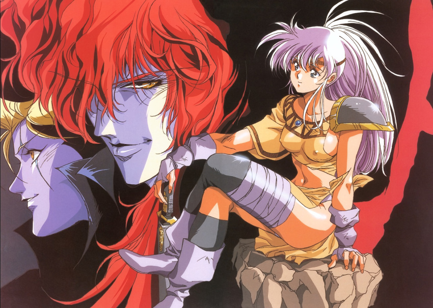 1990s_(style) 1girl 2boys armor asymmetrical_clothes bandaged_leg bandages blonde_hair blue_eyes boots covered_nipples crossed_legs eyelashes fingerless_gloves gloves grey_boots grey_gloves grey_hair holding holding_sword holding_weapon legend_of_lemnear lemnear long_hair maid_headdress multiple_boys navel non-web_source official_art on_rock parted_lips pauldrons planted planted_sword red_hair retro_artstyle shiny_skin shoulder_armor single_pauldron sitting smile sword urushihara_satoshi weapon yellow_eyes