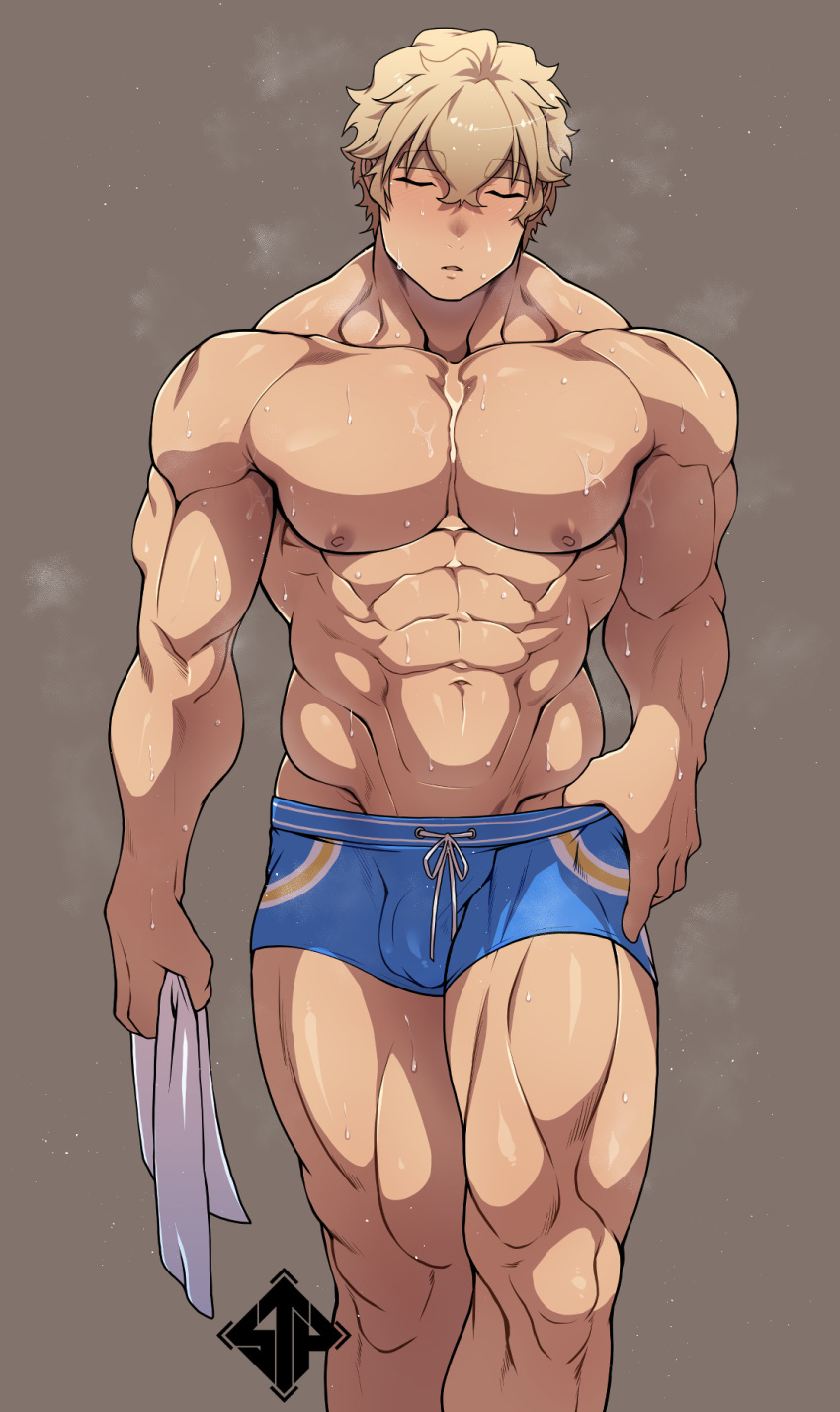 1boy abs artist_logo bara biceps blonde_hair brown_background closed_eyes hand_on_hip highres large_pectorals male_focus manly messy_hair muscular muscular_male navel nipples open_mouth original pectorals shorts sidepec solo standplay sweat sweatdrop thick_arms thick_eyebrows thick_thighs thighs tight towel