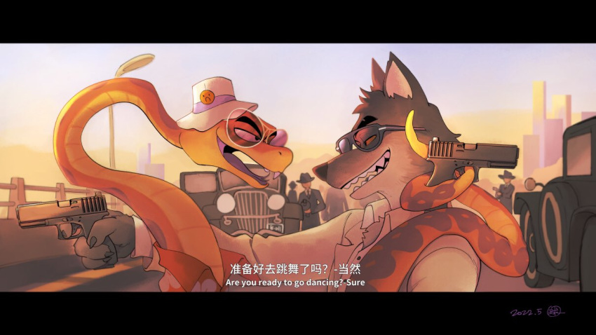 anthro canid canine canis chinese clothing dialogue dreamworks duo feral gun hat headgear headwear male mammal mr._snake_(the_bad_guys) mr._wolf_(the_bad_guys) ranged_weapon reptile scalie snake sunset the_bad_guys weapon wolf