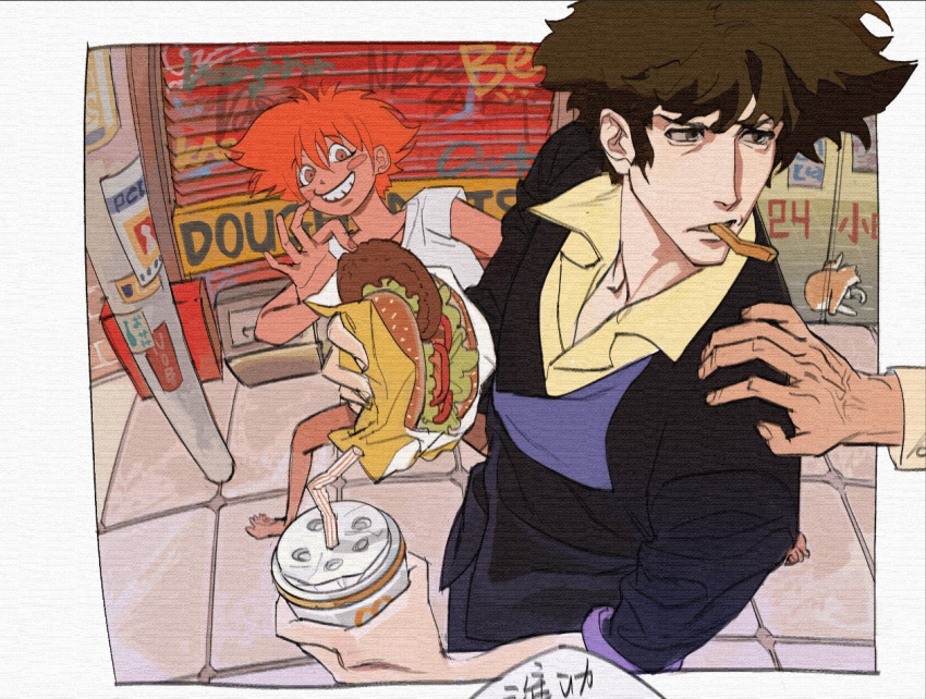 1boy 1girl 1other barefoot blush_stickers burger cowboy_bebop dark-skinned_female dark_skin drinking_straw edward_wong_hau_pepelu_tivrusky_iv food french_fries lettuce looking_back mcdonald's nanaudeeeeee orange_hair spike_spiegel