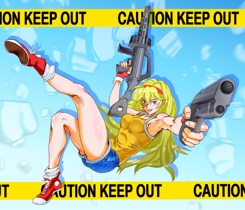 1girl aiming_at_viewer assault_rifle bandaid battle_mania bb9_megadrive blonde_hair blue_eyes breasts debris energy_gun fake_screenshot falling fingerless_gloves flying freefall game_console gameplay_mechanics gloves grin gun hairband handgun highres legs long_hair looking_at_viewer ootorii_mania pencil_skirt rifle science_fiction sega_mega_drive shoes short_shorts shorts sign skirt smile sneakers tank_top trouble_shooter video_game warning_sign weapon