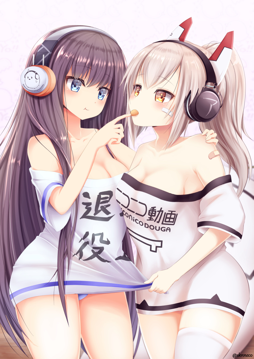 2girls absurdres ayanami_(azur_lane) ayanami_(niconico)_(azur_lane) azur_lane bandaid bandaid_on_arm bandaid_on_face blue_eyes breasts brown_hair chips cleavage clothes_pull clothes_writing cowboy_shot eyebrows_visible_through_hair food food_in_mouth hand_on_another's_shoulder headgear headphones highres light_brown_hair long_hair long_island_(azur_lane) long_island_(long_island_-_indoor_slacker)_(azur_lane) medium_breasts monneko multiple_girls off-shoulder_shirt off_shoulder official_alternate_costume oversized_clothes oversized_shirt panties pantyshot potato_chips purple_panties shirt shirt_pull short_sleeves simple_background single_thighhigh thighhighs underwear very_long_hair white_background white_legwear yellow_eyes yuri