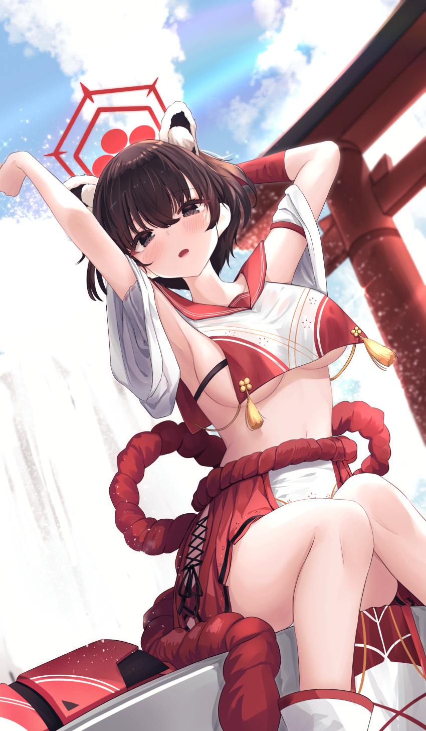 1girl absurdres animal_ears armpits arms_up bare_legs bare_shoulders black_eyes black_hair blue_archive breast_curtain breasts daran9 detached_sleeves halo highres hip_vent large_breasts looking_at_viewer midriff navel no_bra open_mouth pleated_skirt red_skirt revealing_clothes rope short_hair sideboob sitting skirt solo stretch tassel torii tsubaki_(blue_archive) underboob