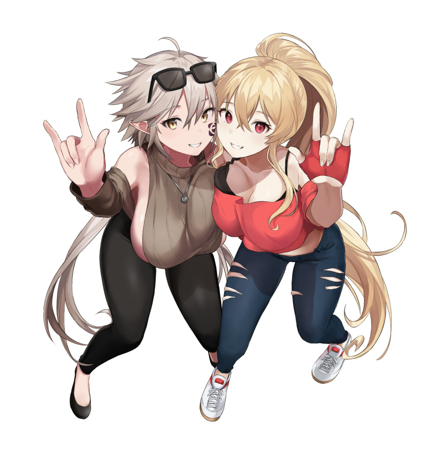 2girls \m/ ahoge asymmetrical_docking blonde_hair breast_press breasts cleavage commission denim eyewear_on_head fingerless_gloves full_body gloves grin hair_between_eyes highres huge_breasts jeans jewelry kekek large_breasts leaning_forward light_brown_hair long_hair looking_at_viewer low_twintails multiple_girls necklace original pants ponytail red_eyes red_gloves ribbed_sweater shoes sidelocks simple_background skindentation sleeveless sleeveless_sweater smile sneakers standing sunglasses sweater tattoo torn_clothes torn_pants turtleneck turtleneck_sweater twintails unaligned_breasts very_long_hair white_background yellow_eyes