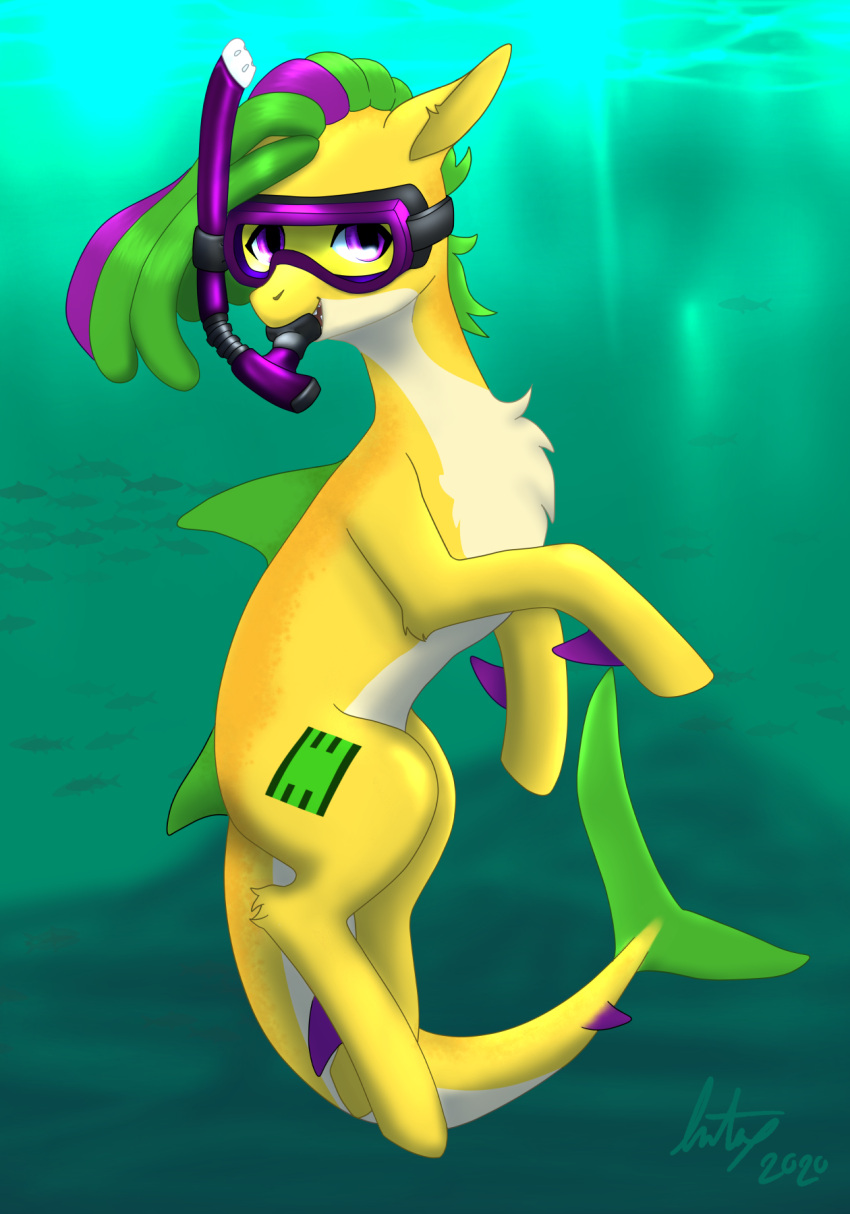 cutie_mark diving_mask earth_pony equid equine female feral fin fish hi_res horse hybrid intox looking_at_viewer mammal marine mask my_little_pony pony shark snorkel solo underwater water