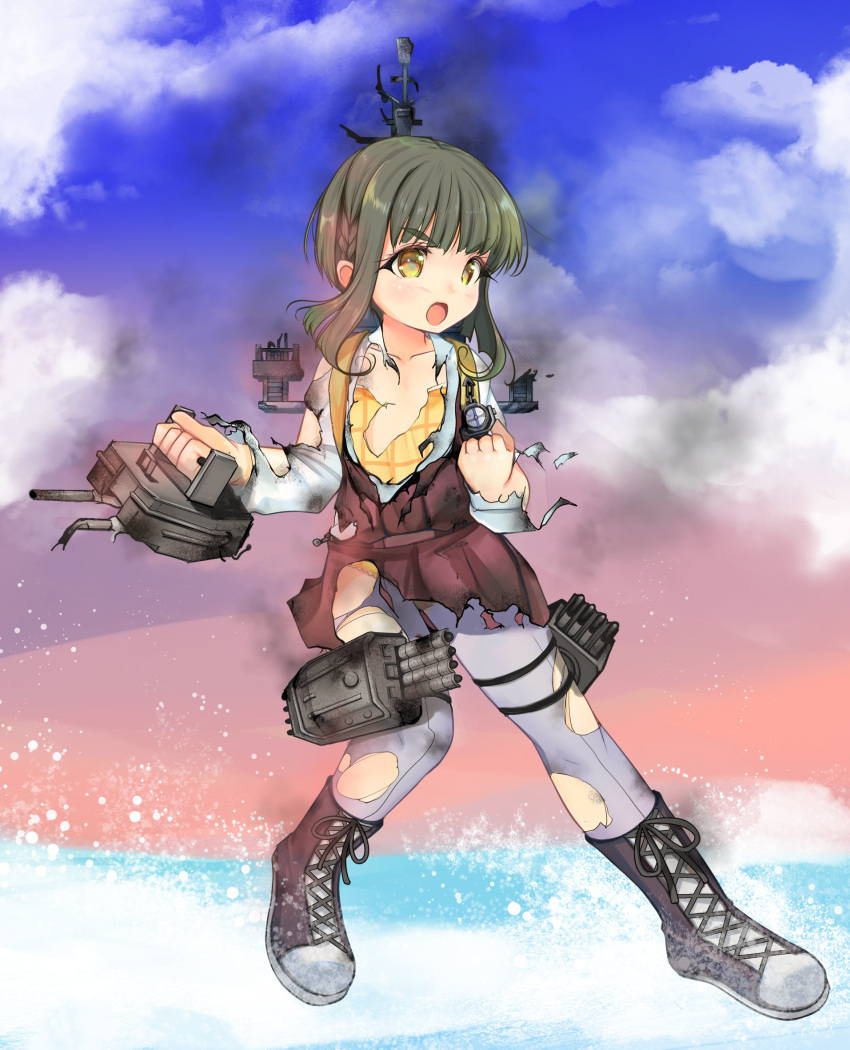 1girl adapted_turret blue_sky bob_cut boots braid brown_dress brown_eyes camisole cannon cloud cross-laced_footwear dress flat_chest full_body gradient_sky green_hair grey_legwear halterneck highres kantai_collection lace-up_boots long_sleeves machinery pantyhose pleated_dress school_uniform shirt short_hair short_hair_with_long_locks sidelocks sky solo standing standing_on_liquid takanami_(kancolle) torn_clothes turret white_shirt yashin_(yasinz) yellow_camisole
