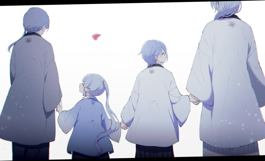 2boys 2girls bangs blue_hair closed_eyes commentary_request family family_crest father_and_daughter father_and_son from_behind genshin_impact holding_hands husband_and_wife kamisato_ayaka kamisato_ayato kamisato_kayo long_sleeves mother_and_daughter mother_and_son multiple_boys multiple_girls ponytail sidelocks urooooboe wide_sleeves