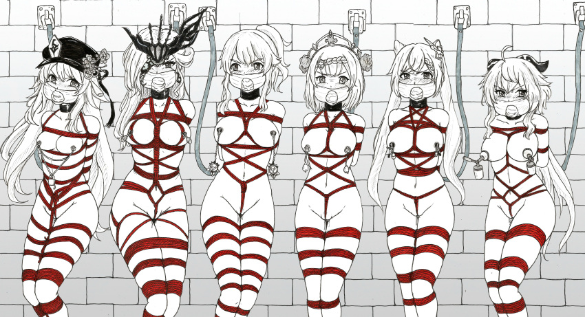 6+girls absurdres arm_behind_back bdsm between_breasts black_choker blush bondage bound bound_arms bound_legs bound_together breast_bondage breasts choker clothes_gag crotch_rope dungeon ecchinoidea gag gagged ganyu_(genshin_impact) genshin_impact headwear_request highres hu_tao_(genshin_impact) improvised_gag jean_(genshin_impact) keqing_(genshin_impact) kidnapped lactation leash looking_at_another looking_at_viewer milking_machine moontraveller multiple_girls nipple_bells nipple_bondage nipple_chain nipple_clamps nipple_piercing nipple_tweak nipples no_bra no_panties noelle_(genshin_impact) nude panties panty_gag piercing red_rope restrained rope shibari signora_(genshin_impact) underwear