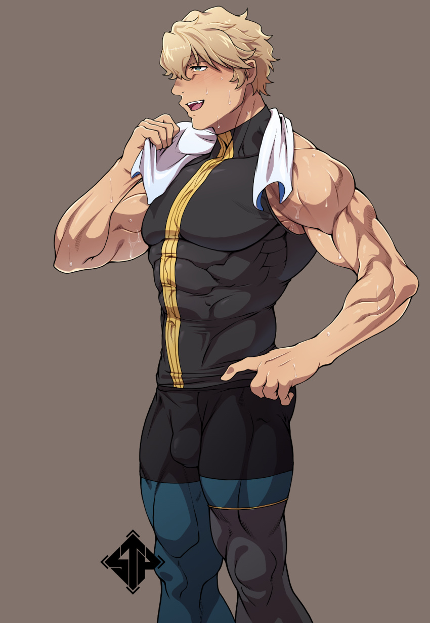 1boy abs artist_logo bara biceps blonde_hair blue_eyes blush brown_background hand_on_hip highres large_pectorals looking_to_the_side male_focus manly messy_hair muscular muscular_male open_mouth original pants pectorals sleeveless smile solo standplay sweat sweatdrop sweater teeth thick_arms thick_eyebrows thick_thighs thighs tight tongue towel towel_around_neck turtleneck turtleneck_sweater yoga_pants