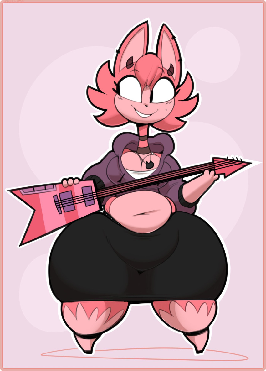 anthro beauty_mark belly big_breasts bottomwear breasts catrobis cleavage clothed clothing eyelashes felid female fur guitar hi_res horn huge_hips huge_thighs hyper_hips jewelry long_neck looking_aside maddeku mammal musical_instrument navel necklace overweight overweight_female pink_body pink_fur plucked_string_instrument shorts smile solo string_instrument thick_thighs wide_hips