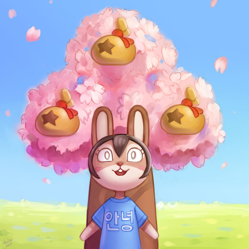 2020 ambiguous_gender animal_crossing anthro bells_(animal_crossing) blue_clothing blue_shirt blue_topwear blush brown_body brown_fur brown_hair cherry_blossom cherry_blossom_tree cherry_tree clothing dated digital_media_(artwork) fruit_tree fur grass hair hi_res koda_walker korean_text lagomorph leporid mammal nintendo open_mouth plant rabbit shaded shirt signature sky solo tan_body tan_fur text text_on_clothing text_on_shirt text_on_topwear topwear tree video_games