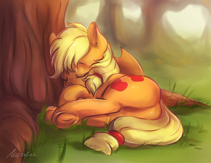 absurd_res applejack_(mlp) butt buttersprinkle clothing cowboy_hat cutie_mark earth_pony equid equine eyes_closed female feral friendship_is_magic hasbro hat headgear headwear hi_res hooves horse mammal my_little_pony outside plant pony quadruped signature sleeping solo tree underhoof