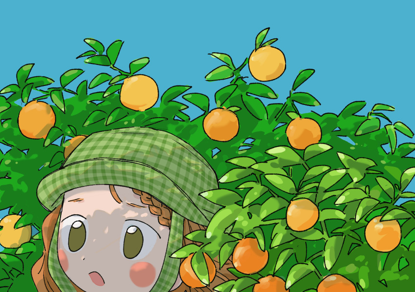 1girl 1nupool blue_sky blush_stickers braid brown_eyes chin_strap d: dappled_sunlight day dot_nose food french_braid fruit fruit_tree furrowed_brow green_headwear hat highres leaf looking_ahead no_pupils open_mouth orange_(fruit) orange_hair orange_tree original outdoors plaid_headwear scenery sky solo sunlight tree tree_shade