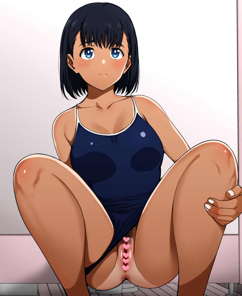 1girl anus ass black_hair blue_eyes blush breasts censored clothing_aside dark-skinned_female dark_skin female_pubic_hair heart heart_censor highres kobune_mio monpuchi one-piece_tan pubic_hair pussy school_swimsuit short_hair solo spread_legs squatting summertime_render swimsuit swimsuit_aside tan tanlines