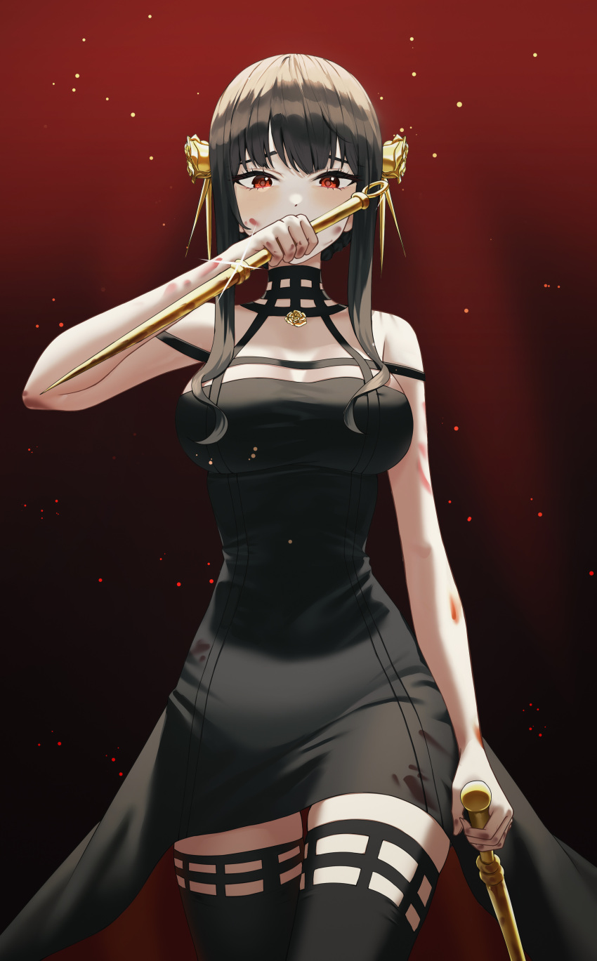 1girl absurdres bangs black_choker black_dress black_hair black_legwear blood blood_on_arm blood_on_clothes blood_on_face breasts choker dot_nose dress dual_wielding flower gradient gradient_background hair_ornament hand_up highres holding jisu_lee large_breasts light_particles looking_at_viewer no_gloves off-shoulder_dress off_shoulder raised_eyebrows red_background red_eyes rose spikes spy_x_family taut_clothes taut_dress thighhighs two-sided_dress two-sided_fabric yor_briar zettai_ryouiki