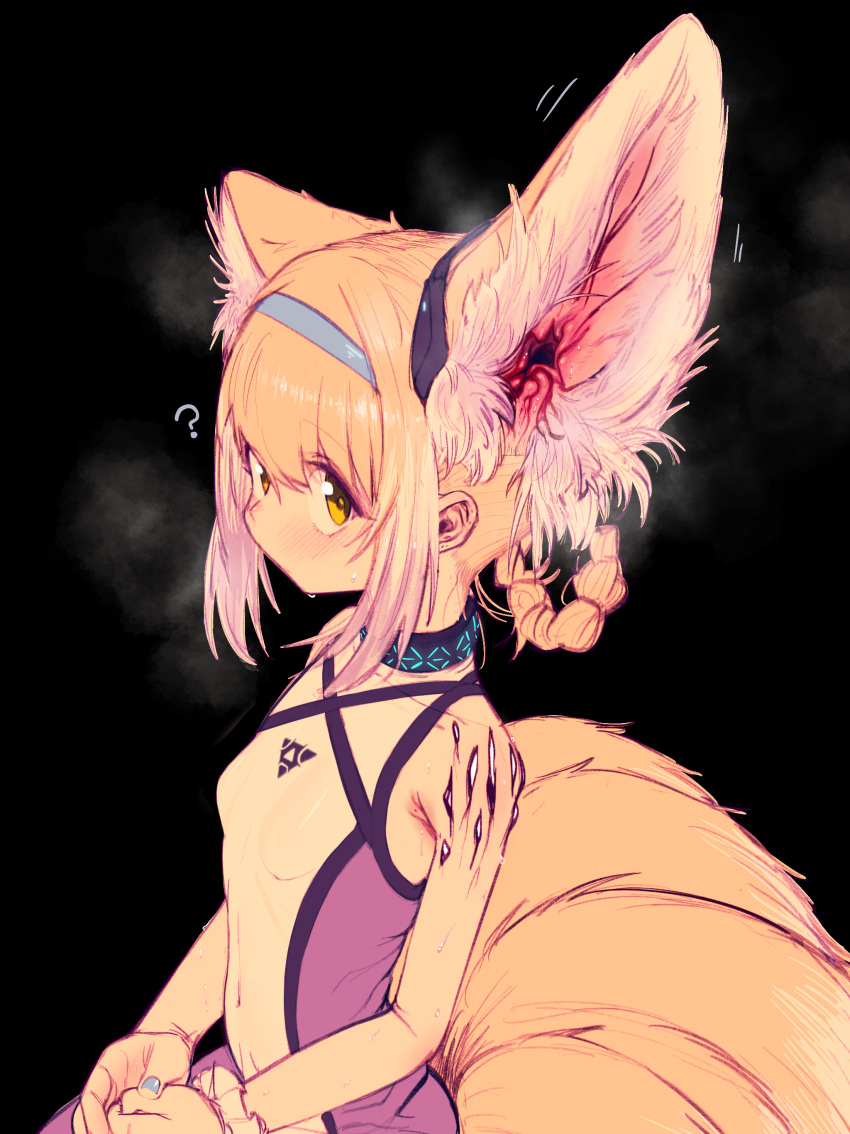 1girl ? absurdres animal_ear_fluff animal_ears arknights bangs bare_shoulders black_background blonde_hair blue_hairband blue_nails blush braid breasts closed_mouth collar commentary covered_collarbone covered_navel dress ear_focus english_commentary extra_ears fox_ears fox_girl fox_tail from_side hair_rings hairband headgear highres hitobashira_(1746164306) kyuubi looking_at_viewer multicolored_clothes multicolored_dress multicolored_hair multiple_tails nail_polish own_hands_together shiny shiny_hair short_hair sidelocks simple_background sitting sleeveless sleeveless_dress small_breasts solo steam steaming_body suzuran_(arknights) sweat tail two-tone_hair upper_body white_hair yellow_eyes