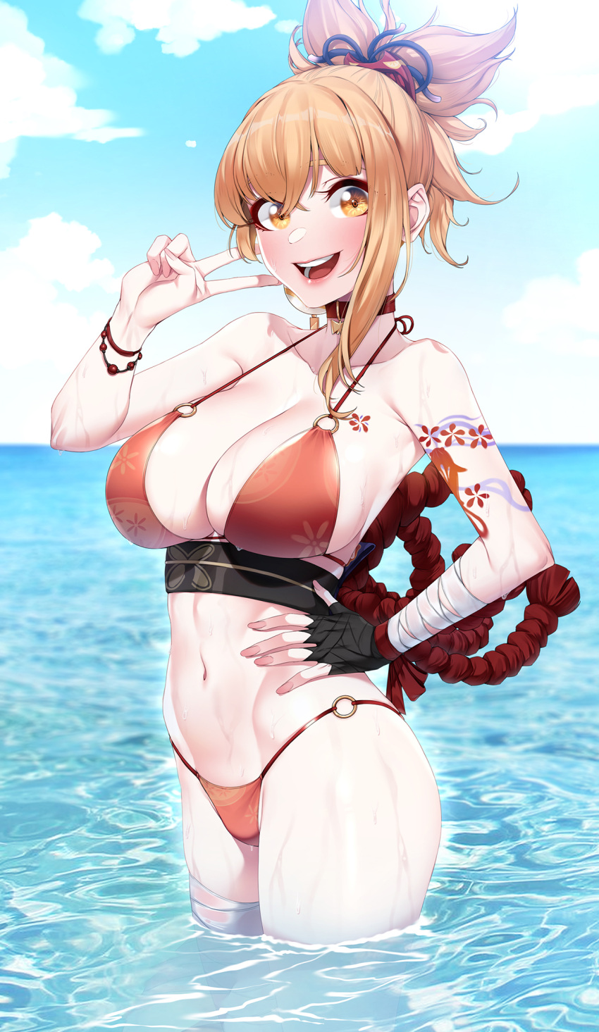 1girl akchu arm_tattoo bandaged_arm bandaged_leg bandages bikini blonde_hair breasts cleavage cloud cloudy_sky collarbone day fingerless_gloves genshin_impact gloves hair_between_eyes hand_on_hip highres large_breasts looking_at_viewer navel o-ring o-ring_bikini open_mouth rope shimenawa single_fingerless_glove sky smile solo swimsuit tattoo teeth upper_teeth v wading water wet yellow_eyes yoimiya_(genshin_impact)