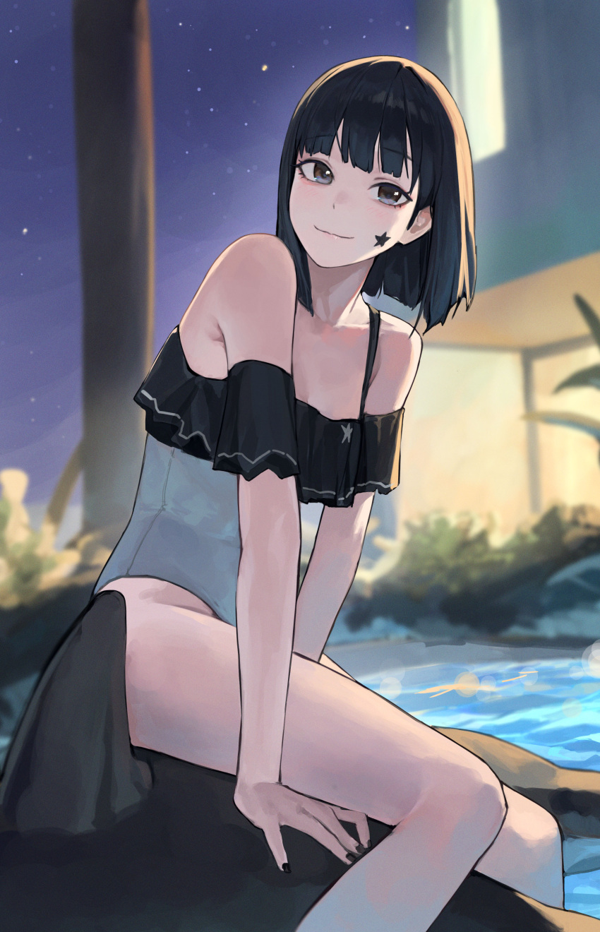1girl absurdres bangs bare_legs bare_shoulders black_eyes black_hair blunt_bangs bob_cut breasts cleavage closed_mouth collarbone eyebrows_visible_through_hair facial_mark frills highres leaning_forward looking_at_viewer mac_star medium_hair night night_sky one-piece_swimsuit original outdoors pool poolside sitting sky smile solo star_(symbol) swimsuit
