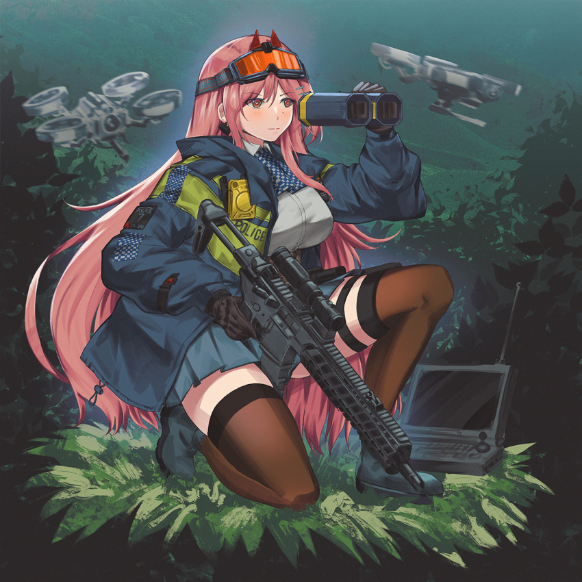 1girl assault_rifle binoculars black_legwear blue_jacket breasts commission drone eyewear_on_head girls'_frontline gun highres holding holding_binoculars holding_gun holding_weapon jacket kneeling large_breasts long_hair long_sleeves magazine_(weapon) mole mole_under_eye open_clothes open_jacket orange_goggles persocon93 pink_hair red_eyes rifle safety_glasses scope sig_mcx_(girls'_frontline) sig_sauer sig_sauer_mcx solo thigh_strap thighhighs weapon