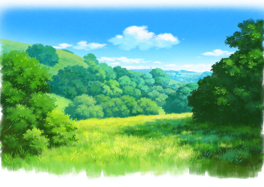 blue_sky brush_stroke bush cloud commentary_request day fern grass hariken horizon nature no_humans original scenery sky