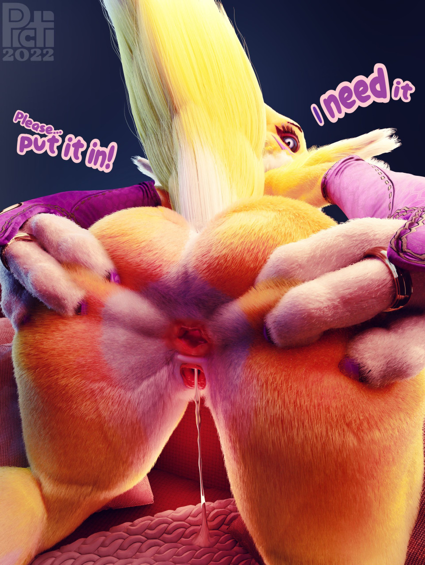 3_fingers absurd_res anus bandai_namco begging black_sclera bodily_fluids bridle colored_nails dialogue digimon digimon_(species) dripping female fingers fur furniture gal genital_fluids genitals hi_res kneeling multicolored_body multicolored_fur nails picti presenting purple_eyes pussy pussy_juice pussy_juice_drip pussy_juice_string renamon ring sofa spread_anus spread_pussy spreading talking_to_viewer text two_tone_body two_tone_fur wet white_body white_fur yellow_body yellow_fur
