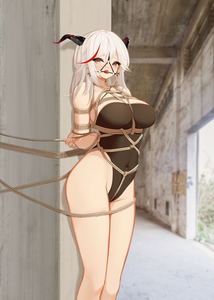 1girl absurdres aegir_(azur_lane) arms_behind_back azur_lane ball_gag bare_legs bare_shoulders bdsm bondage bound bound_arms breasts brown_eyes cleavage closed_mouth collarbone covered_navel crotch_rope earrings feet_out_of_frame gag gagged hair_between_eyes highleg highleg_leotard highres horns jewelry large_breasts leotard long_hair looking_at_viewer multicolored_hair restrained solo spreader_bar streaked_hair white_hair yuuraku_yuraku