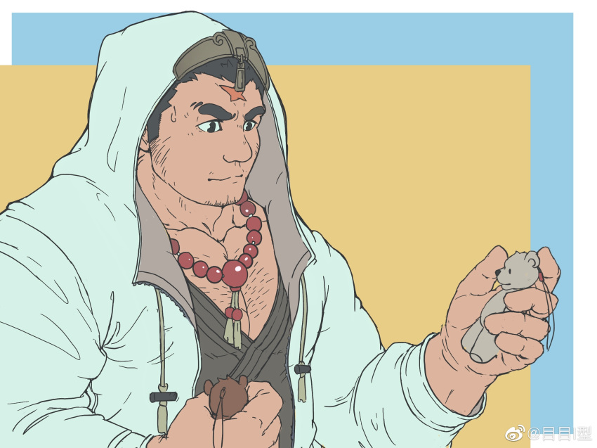 1boy bara bead_necklace beads chest_hair chinese_commentary cross_scar dark-skinned_male dark_skin facial_hair goatee highres holding holding_toy hood hood_up houzouin_oniwaka jacket japanese_clothes jewelry kimono large_pectorals long_sideburns male_focus mature_male me-me_(mouact2) muscular muscular_male necklace open_clothes open_jacket pectoral_cleavage pectorals scar scar_on_face scar_on_forehead short_hair sideburns solo stubble stuffed_animal stuffed_toy sweatdrop teddy_bear thick_eyebrows tokyo_afterschool_summoners toy unzipped upper_body