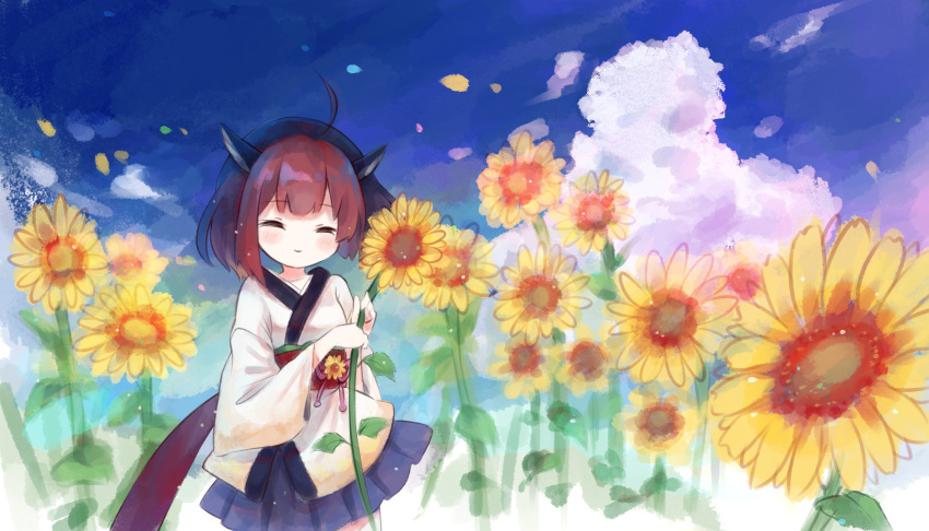 1girl ahoge animal_ears bangs black_hair blue_sky closed_eyes cloud diieru eyebrows_behind_hair eyebrows_visible_through_hair flower hair_between_eyes highres holding holding_flower japanese_clothes looking_at_viewer ribbon short_hair skirt sky smile solo sunflower tail touhoku_kiritan voiceroid