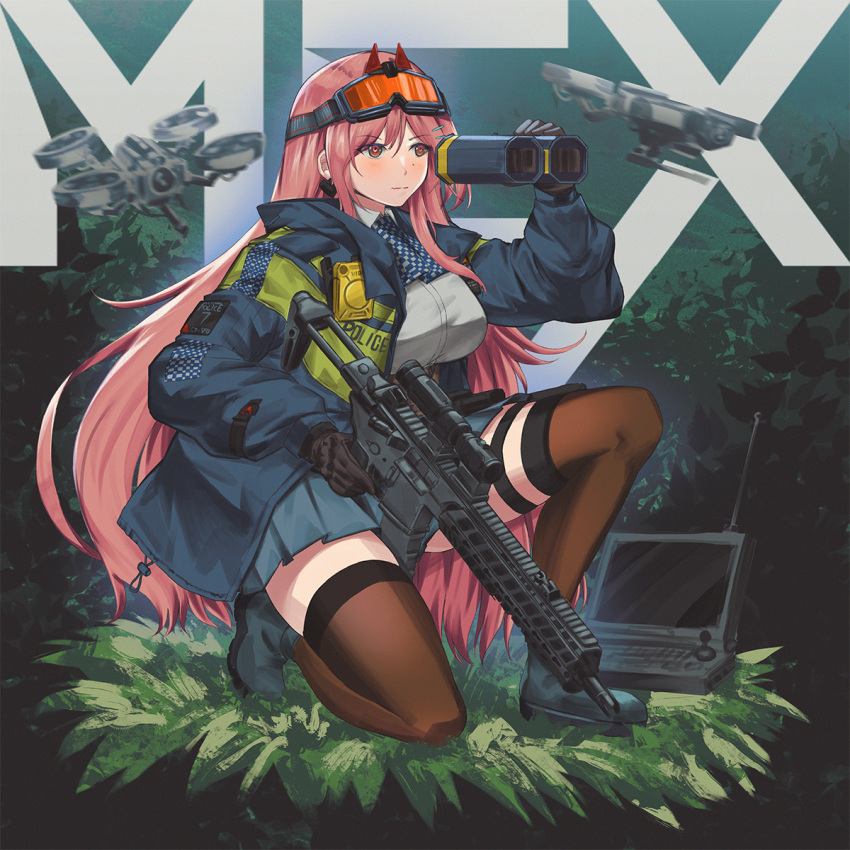1girl assault_rifle binoculars black_legwear blue_jacket breasts commission drone eyewear_on_head girls'_frontline gun highres holding holding_binoculars holding_gun holding_weapon jacket kneeling large_breasts long_hair long_sleeves magazine_(weapon) mole mole_under_eye open_clothes open_jacket orange_goggles persocon93 pink_hair red_eyes rifle safety_glasses scope sig_mcx_(girls'_frontline) sig_sauer sig_sauer_mcx solo thigh_strap thighhighs weapon