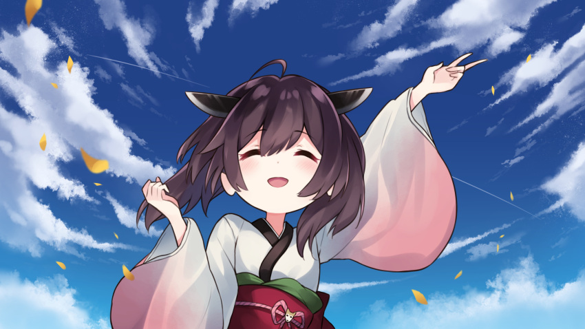 1girl animal_ears arm_up bangs blue_sky closed_mouth cloud diieru eyebrows_behind_hair eyebrows_visible_through_hair falling_petals hair_between_eyes highres japanese_clothes kimono leaf looking_at_viewer open_mouth petals short_hair sky smile solo touhoku_kiritan upper_body v victory_pose voiceroid