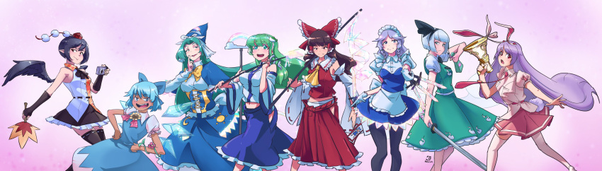 4girls absurdres animal_ears apron ascot black_hair black_hairband black_wings blazer blue_capelet blue_dress blue_eyes blue_hair blue_skirt blush bow braid breasts brown_eyes brown_hair capelet cirno collared_shirt corset david_hrusa detached_sleeves dress eyebrows_visible_through_hair flower frilled_apron frilled_skirt frills frog frog_hair_ornament gloves gohei green_eyes green_hair gun hair_bow hair_ornament hair_ribbon hair_tubes hairband hakurei_reimu hat hidden_star_in_four_seasons highres ice ice_wings izayoi_sakuya jacket katana knife kochiya_sanae konpaku_youmu long_hair long_skirt looking_at_viewer maid maid_apron maid_headdress medium_hair mima_(touhou) moon moon_rabbit multiple_girls necktie nontraditional_miko odd_one_out open_mouth pantyhose plant pointy_ears pom_pom_(clothes) puffy_short_sleeves puffy_sleeves purple_hair rabbit_ears rainbow red_bow red_eyes red_necktie red_ribbon red_skirt reisen_udongein_inaba ribbon shameimaru_aya shirt short_hair short_sleeves skirt sleeveless smile snake snake_hair_ornament staff sun sunflower sword tan tanned_cirno tengu thighhighs tokin_hat touhou touhou_(pc-98) twin_braids unconnected_marketeers vest vines weapon white_gloves white_shirt wings witch_hat wizard_hat yellow_ascot