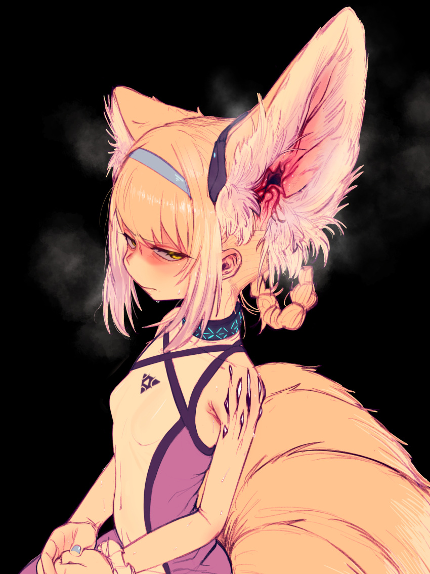 1girl absurdres animal_ear_fluff animal_ears annoyed arknights bangs bare_shoulders black_background blonde_hair blue_hairband blue_nails blush braid breasts closed_mouth collar commentary covered_collarbone covered_navel dress ear_blush ear_focus english_commentary extra_ears fox_ears fox_girl fox_tail from_side hair_rings hairband half-closed_eyes headgear highres hitobashira_(1746164306) kyuubi looking_at_viewer multicolored_clothes multicolored_dress multicolored_hair multiple_tails nail_polish own_hands_together shiny shiny_hair short_hair sidelocks simple_background sitting sleeveless sleeveless_dress small_breasts solo steam steaming_body suzuran_(arknights) sweat tail two-tone_hair upper_body white_hair yellow_eyes