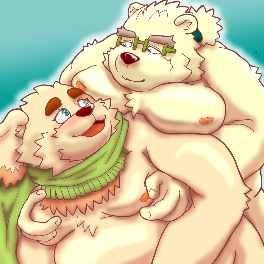 2022 absurd_res anthro belly big_belly blush canid canine canis cu_sith_(tas) domestic_dog duo eyewear glasses groping_from_behind hi_res humanoid_hands kemono leib_(tas) lifewonders male male/male mammal moob_grab moobs nigauritaruto nipples overweight overweight_male polar_bear scarf simple_background tokyo_afterschool_summoners ursid ursine video_games