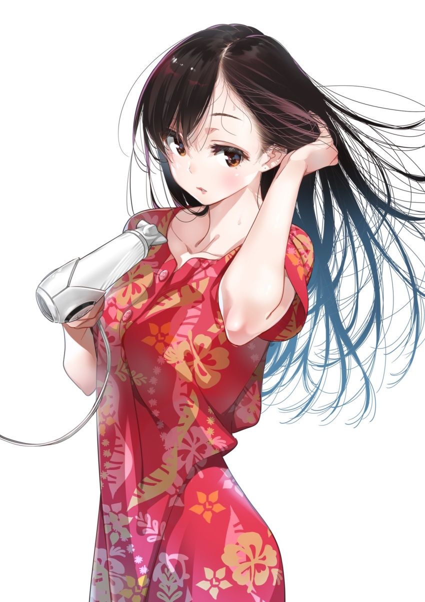 1girl breasts brown_eyes brown_hair buttons collarbone commentary dress floral_print hair_dryer hair_strand half-closed_eyes hand_in_own_hair hand_up highres kanojo_okarishimasu long_hair looking_at_viewer miyajima_reiji mizuhara_chizuru parted_lips red_dress short_sleeves solo sweatdrop