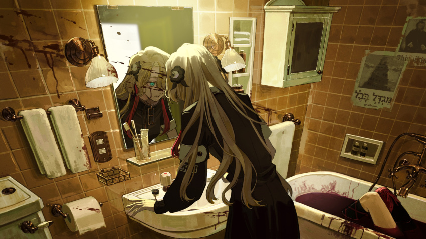 2girls absurdres aqua_eyes asymmetrical_legwear asymmetrical_sleeves bathroom bathtub black_coat blood blood_splatter blood_stain cabinet coat commentary cowboy_shot expressionless faucet grey_hair hair_ornament hair_over_one_eye highres indoors isekai_joucho kamitsubaki_studio lamp light_switch long_hair long_sleeves mirror multicolored_hair multiple_girls naluse_flow parted_lips red_hair reflection sink solo_focus tile_wall tiles toilet_paper toothbrush towel two-tone_hair uneven_sleeves virtual_youtuber wall_lamp