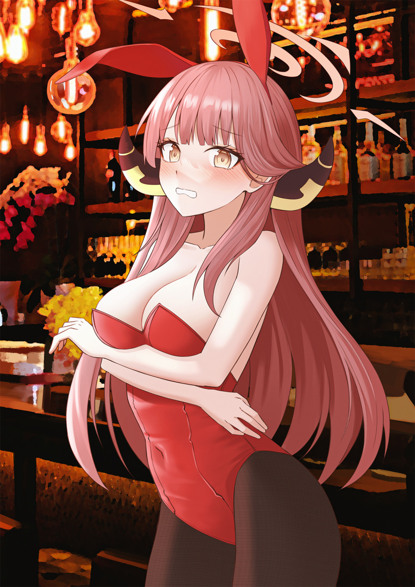 1girl animal_ears aru_(blue_archive) bar bare_shoulders black_leotard blue_archive blush breasts cleavage clenched_teeth covered_navel crossed_arms embarrassed eyebrows_visible_through_hair halo highres horns large_breasts leotard looking_at_viewer orange_eyes playboy_bunny rabbit_ears red_hair solo teeth yt9676