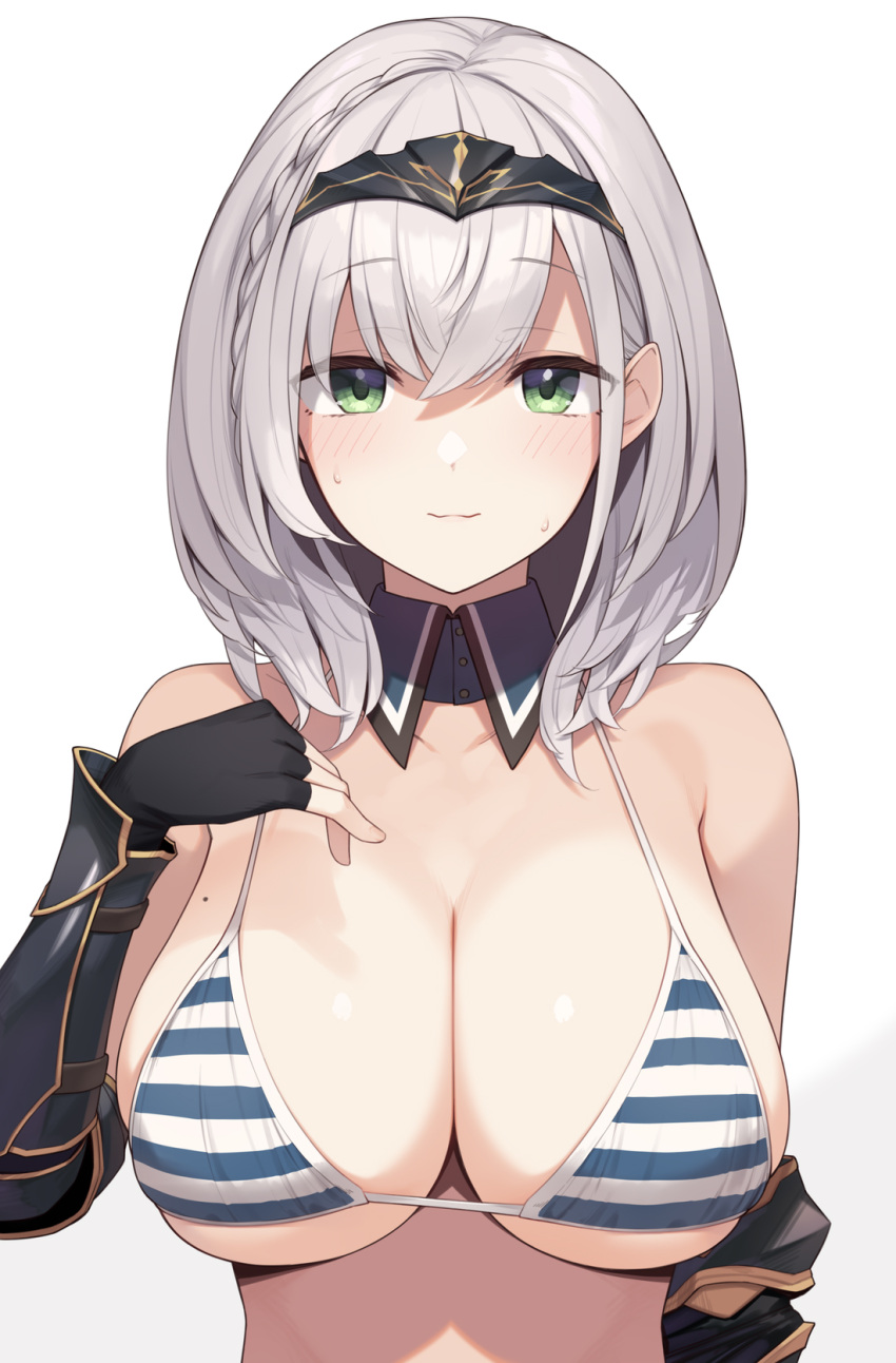 1girl arm_guards bangs bare_shoulders bikini black_gloves blue_bikini blush breasts cleavage collarbone detached_collar elbow_gloves enosan fingerless_gloves gloves green_eyes grey_hair hairband highres hololive large_breasts looking_at_viewer shirogane_noel short_hair simple_background solo striped striped_bikini swimsuit virtual_youtuber white_background